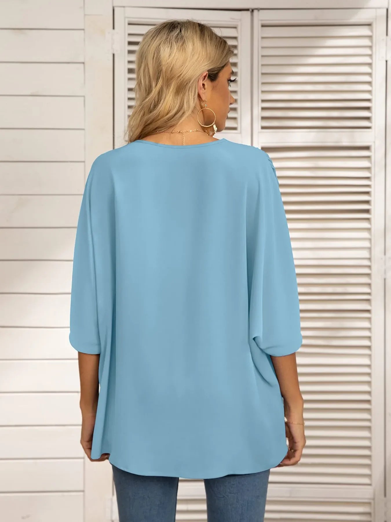 Printed Trim V-Neck Batwing Sleeve Blouse - Southern Shores Clothing