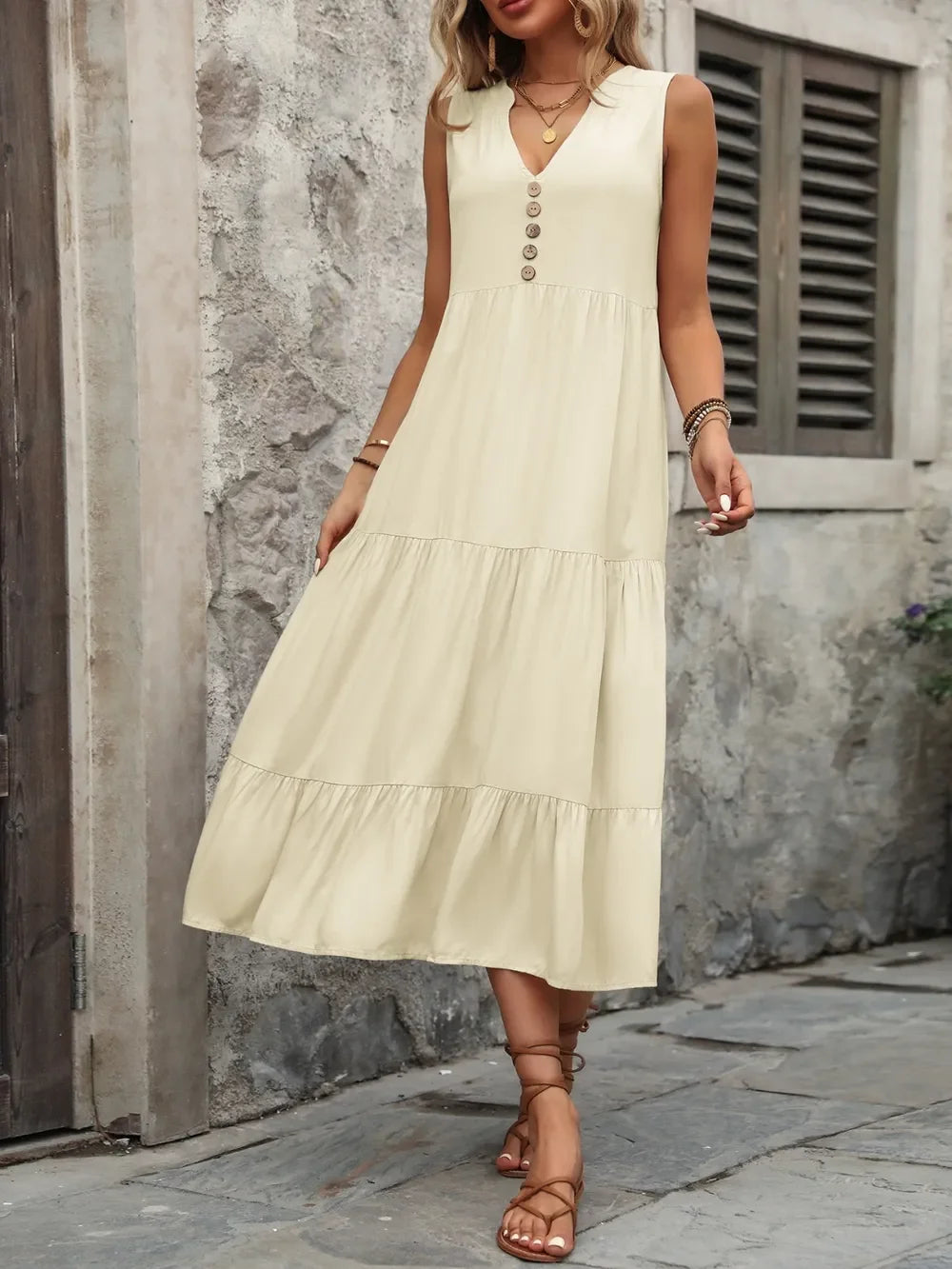 Notched Sleeveless Maxi Dress With Buttons - Southern Shores Clothing