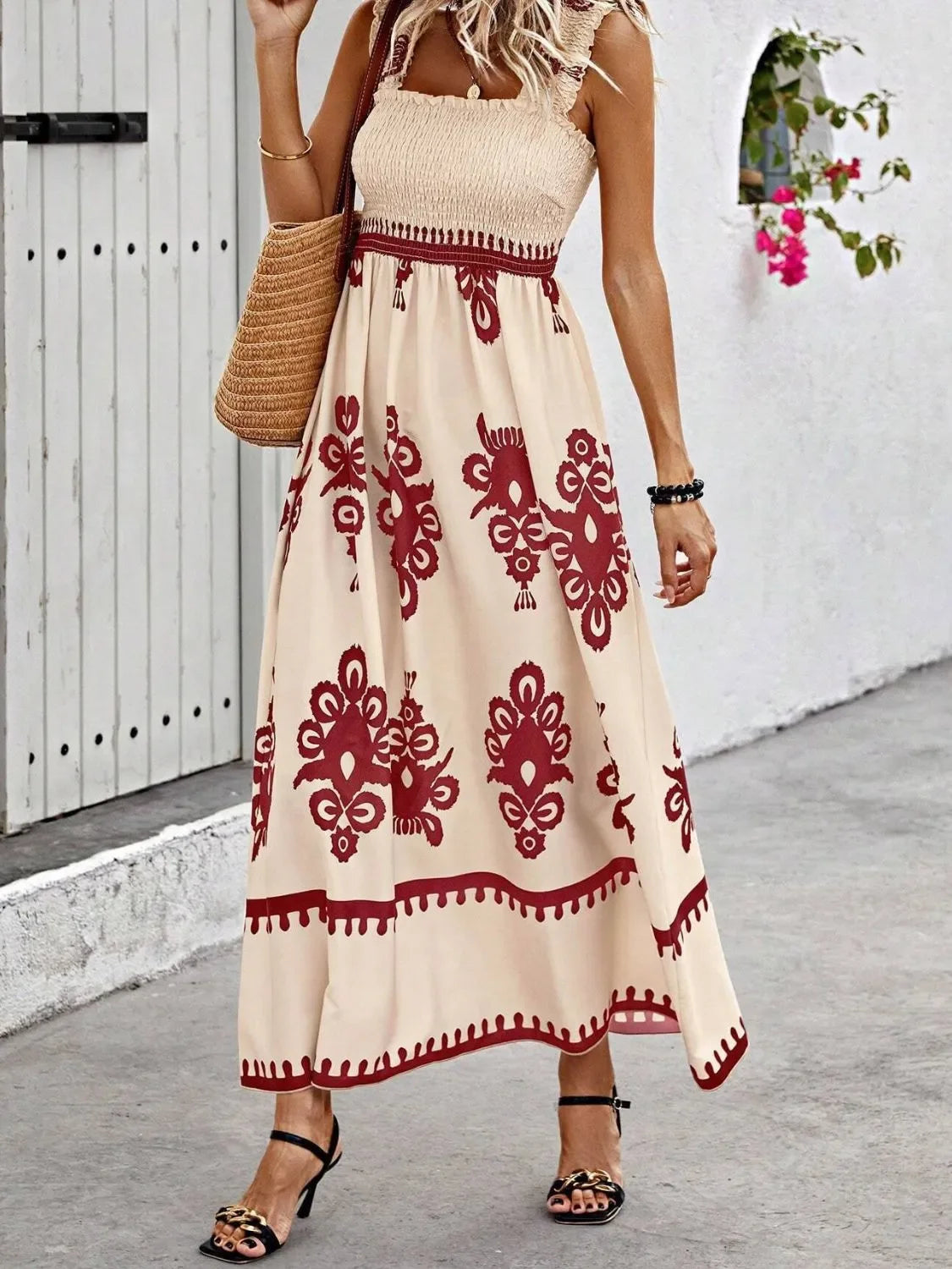 Smocked Printed Maxi Dress With Wide Straps Boho Style Details - Southern Shores Clothing