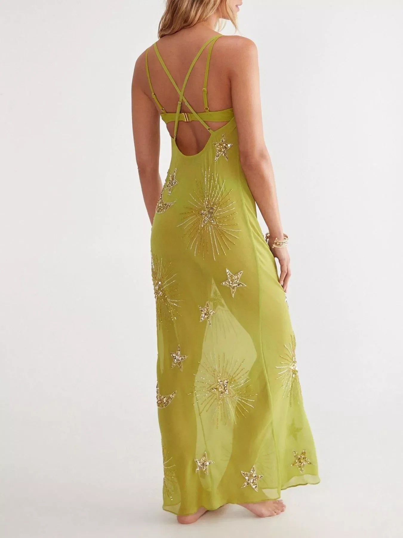 Sequin Backless Maxi Cover Up Dress With Star Detailing - Southern Shores Clothing