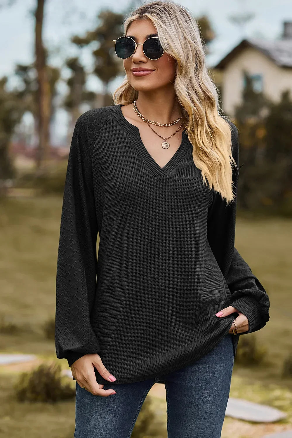 Eyelet Notched Raglan Sleeve T-Shirt - Southern Shores Clothing