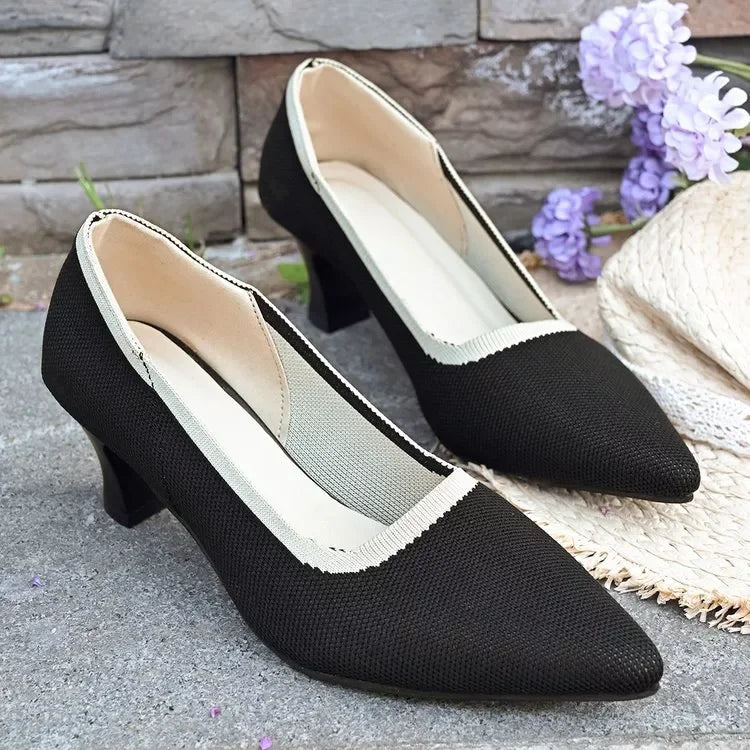 Point Toe Block Heel Pumps With Mesh Leather And Rubber - Southern Shores Clothing