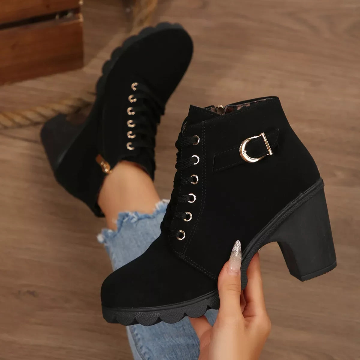 Lace Up Buckle Chunky Heel Ankle Boots Suede Rubber