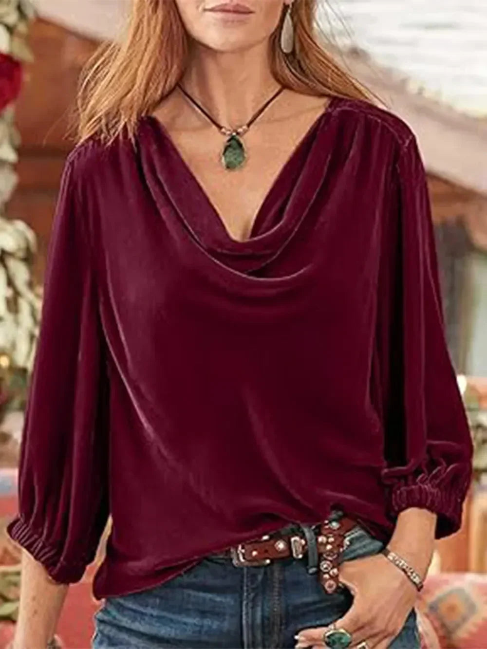 Stretchy Cowl Neck Three-Quarter Sleeve Top - Southern Shores Clothing