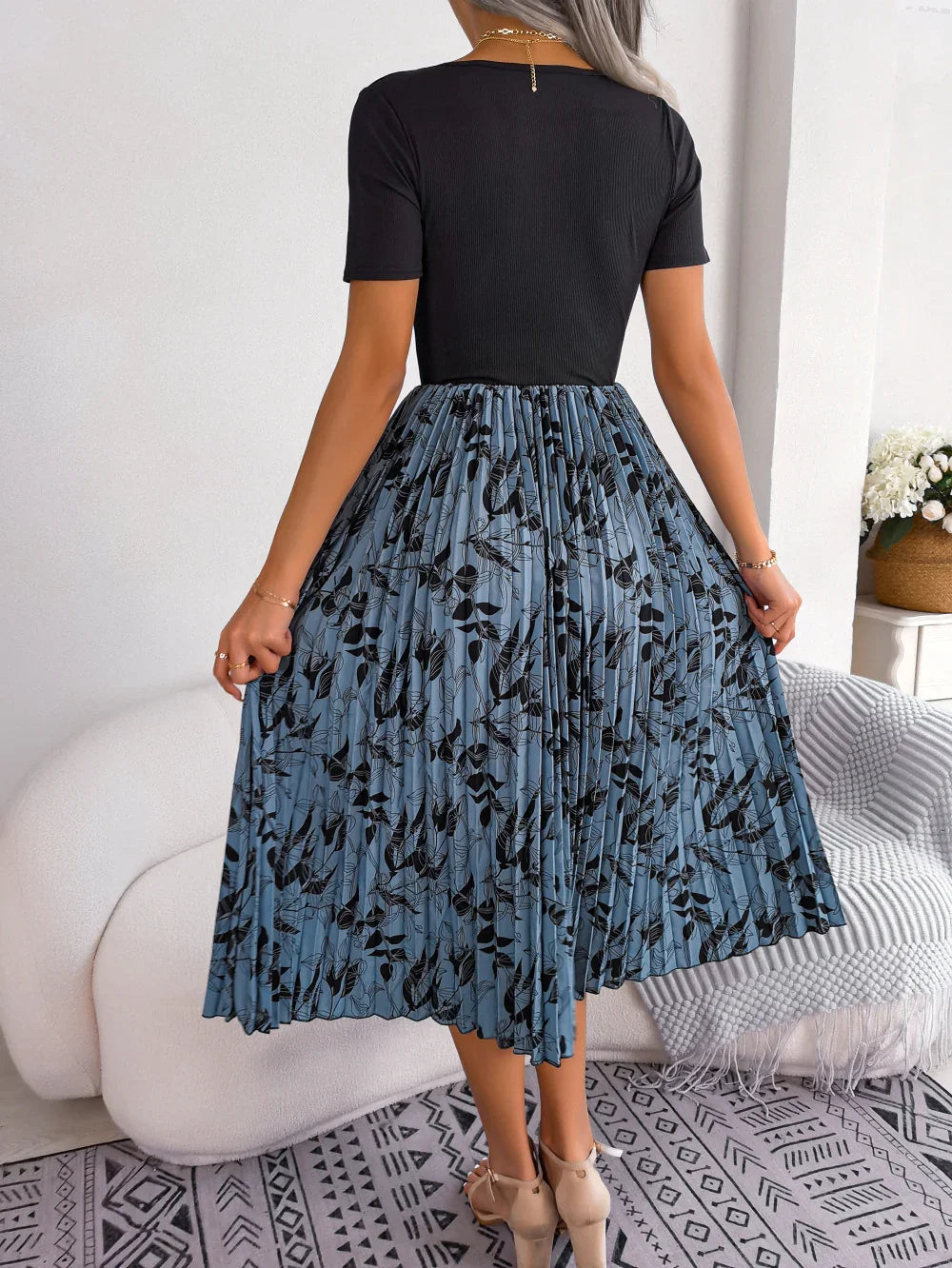 Floral Print Round Neck Pleated Midi Dress - Southern Shores Clothing