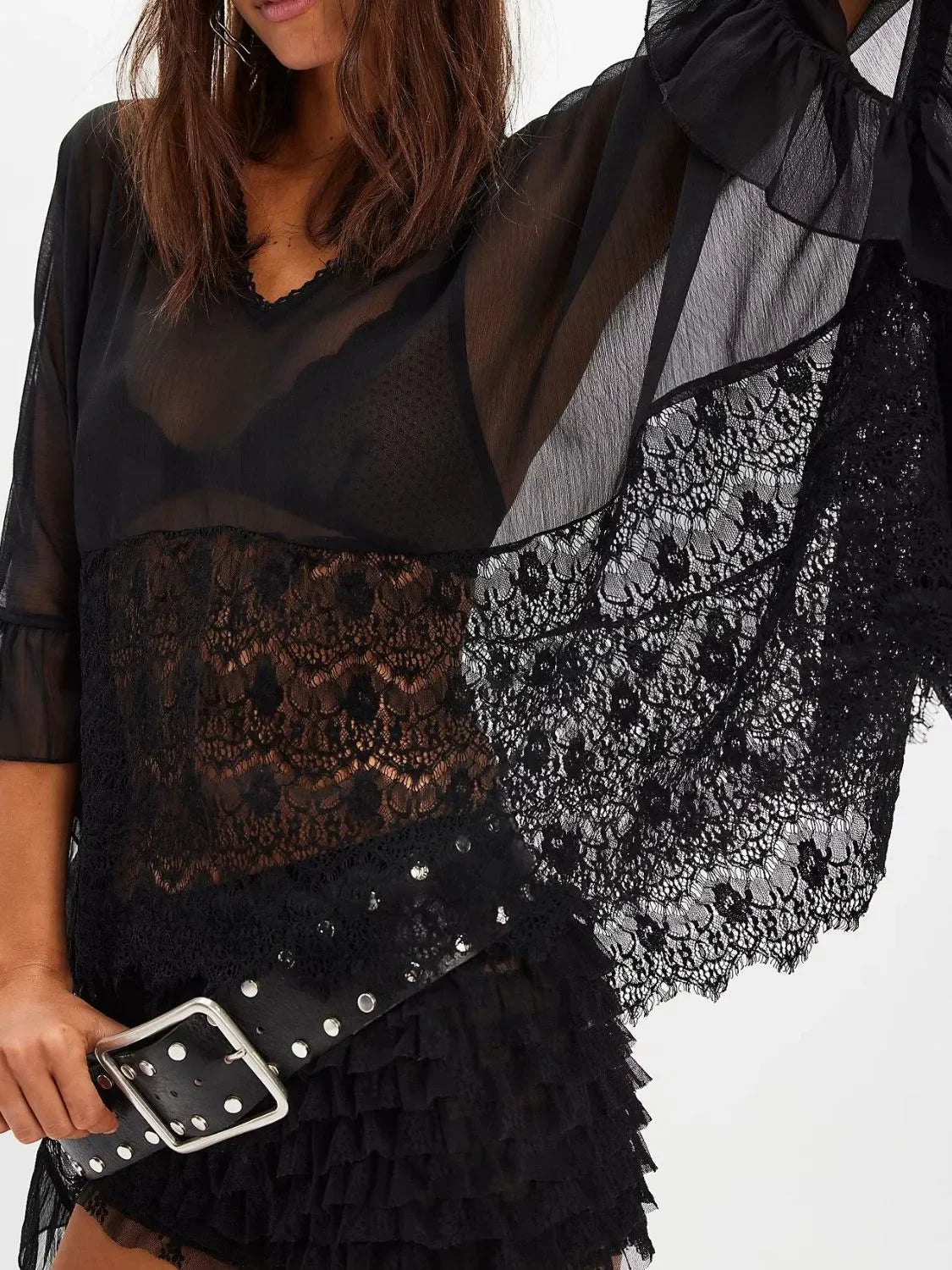 Lace V-Neck Ruffle Long Sleeve Beach Cover-Up - Southern Shores Clothing