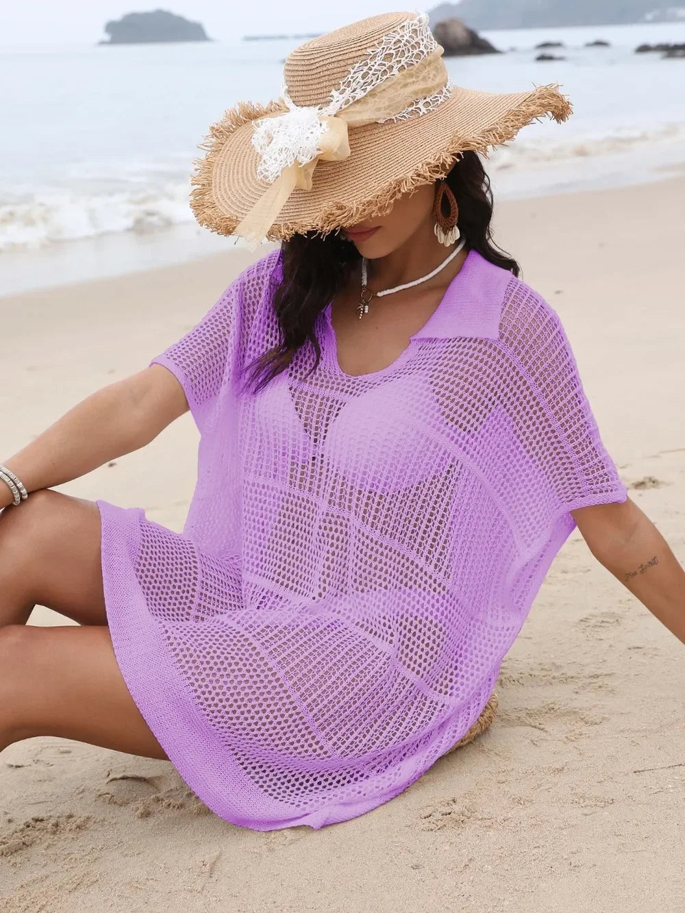 One Size Sheer Hollow Out Collared Neck Cover Up - Southern Shores Clothing