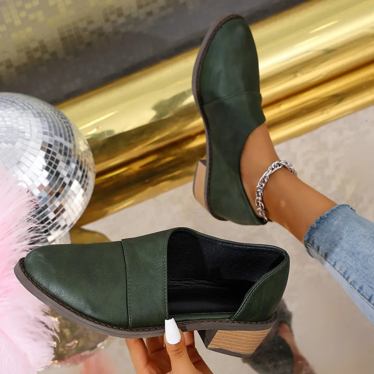Point Toe Block Heel Pumps With Chain Detail - Southern Shores Clothing