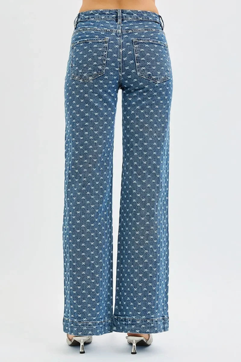 High Rise Wide Leg Bow Embroidered Denim Jeans - Southern Shores Clothing