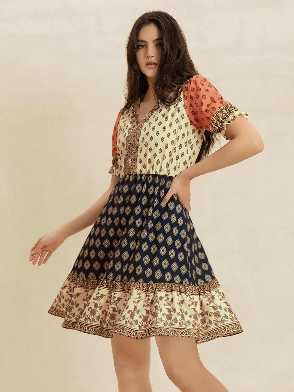 V-Neck Short Sleeve Boho Dress With Printed Paisley Pattern - Southern Shores Clothing