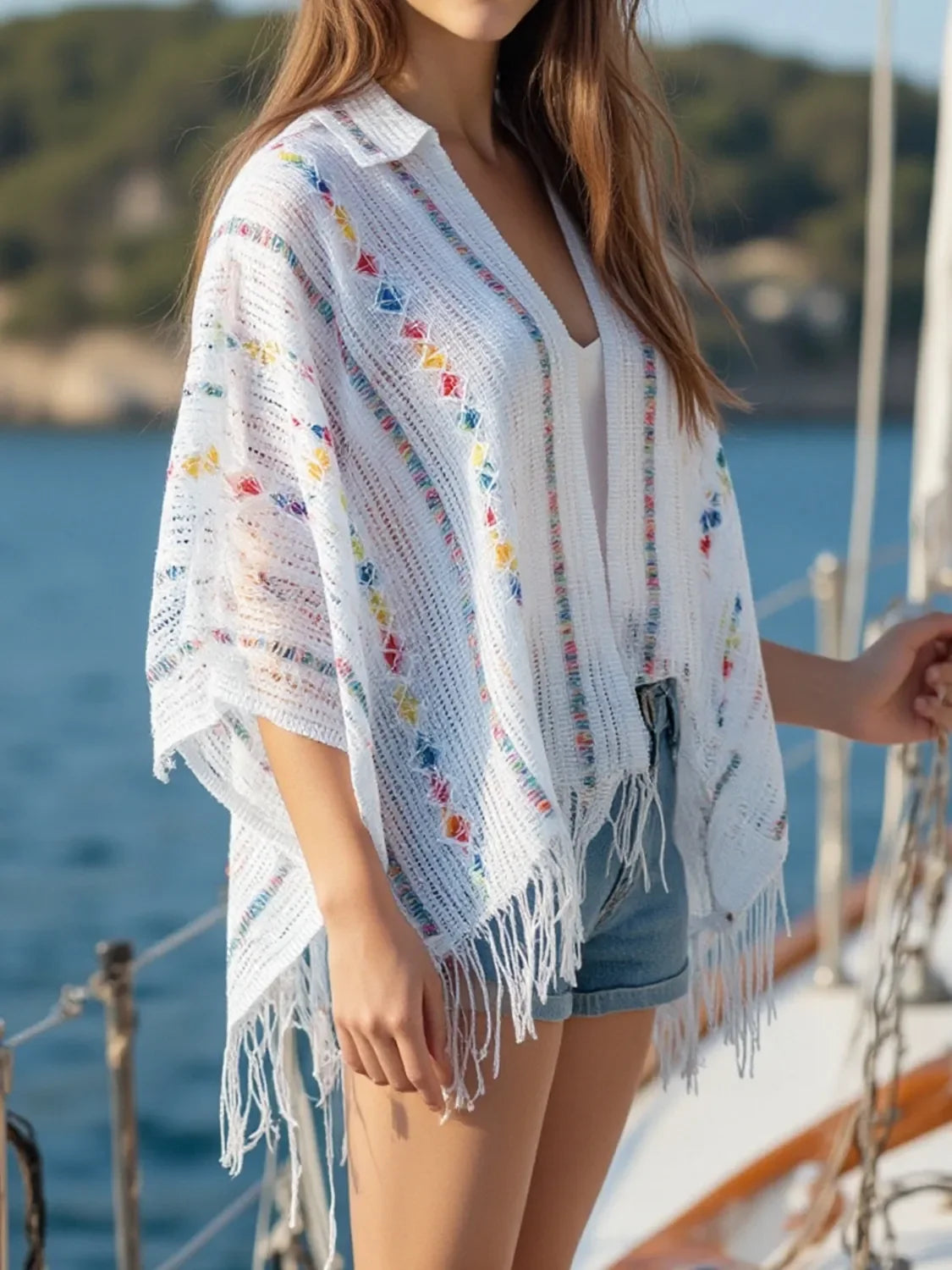 Openwork Fringe Knit Cape With Open Front For Casual Layering - Southern Shores Clothing