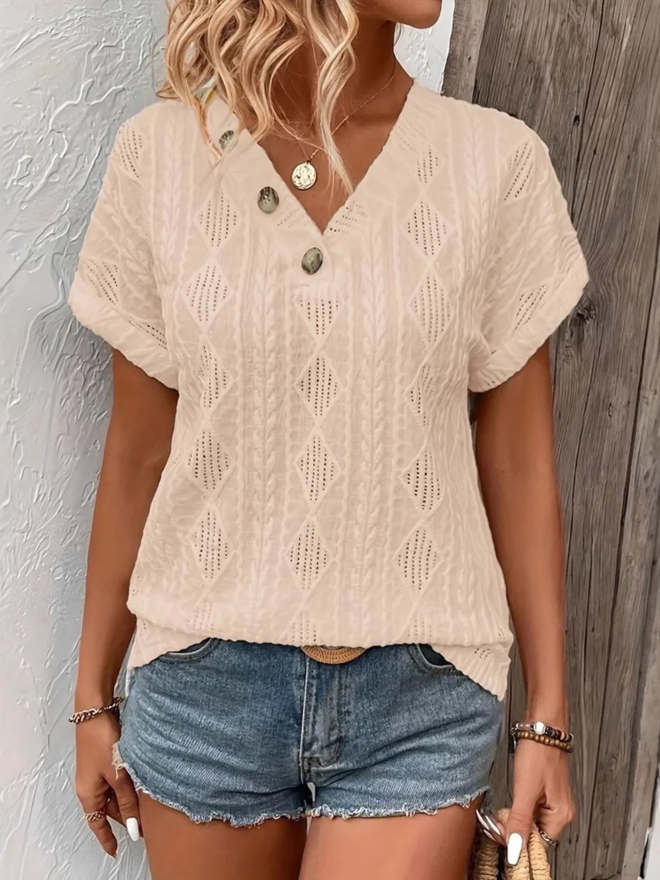 Textured V-Neck Short Sleeve Buttoned Top With Openwork - Southern Shores Clothing