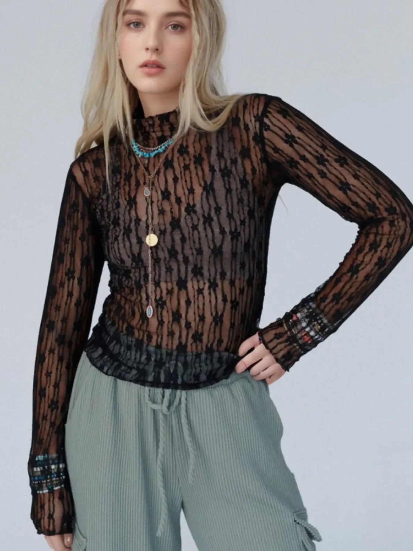 Lace See Through Long Sleeve Blouse With Sheer Detailing - Southern Shores Clothing