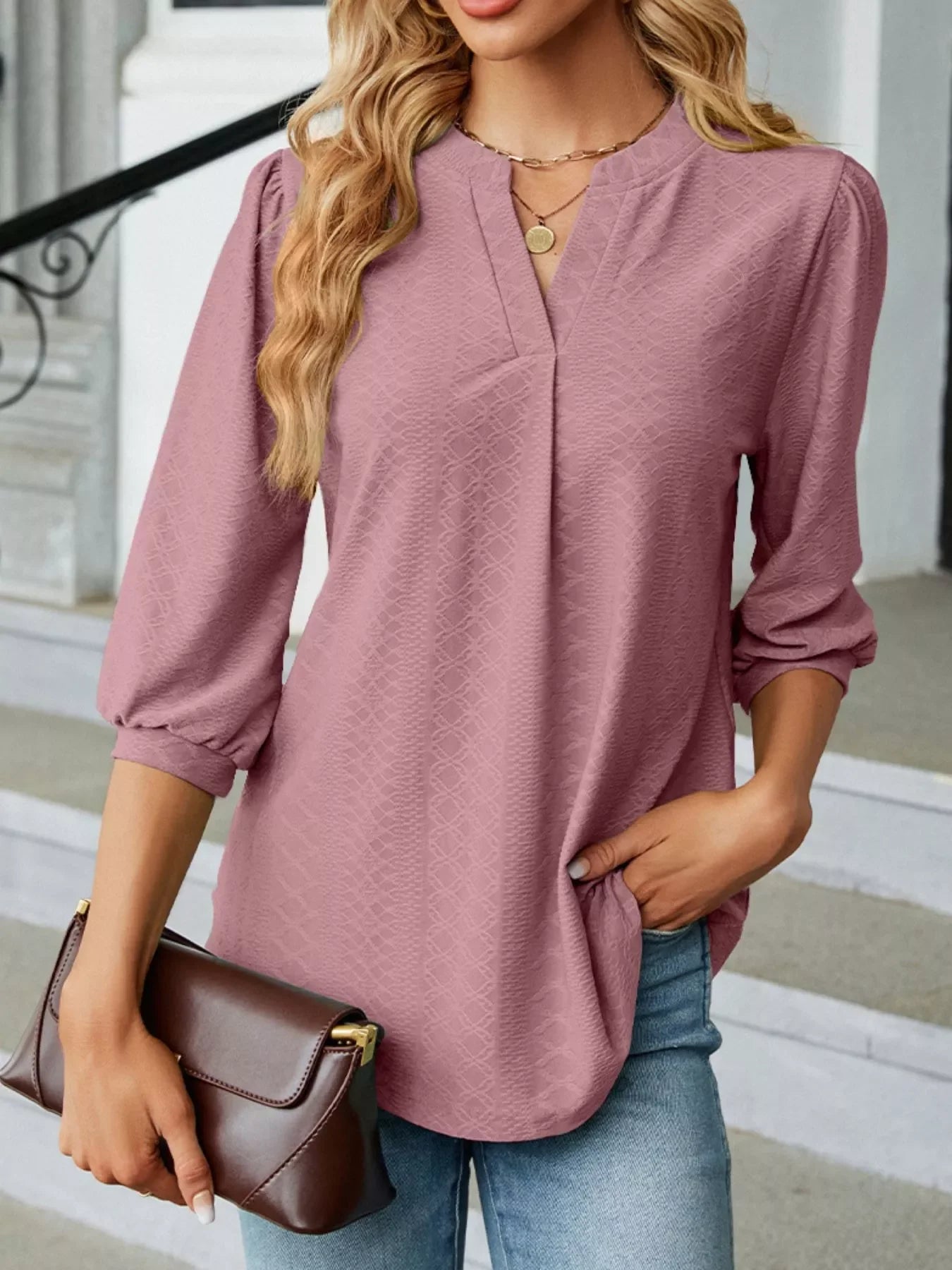 Notched 3/4 Sleeve Casual Top - Southern Shores Clothing