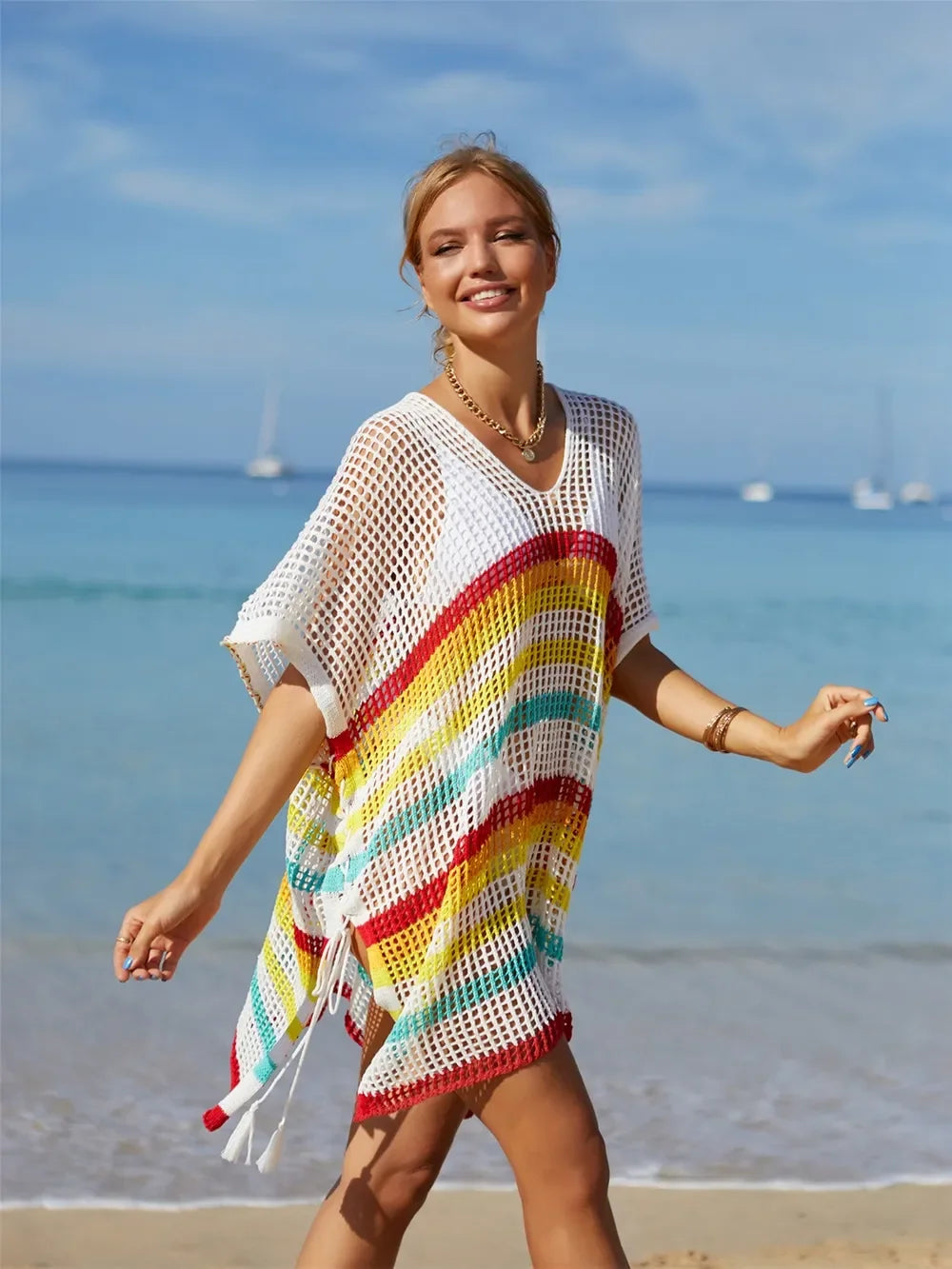 Angel Wings Striped Cutout Cover Up One Size Tassel - Southern Shores Clothing