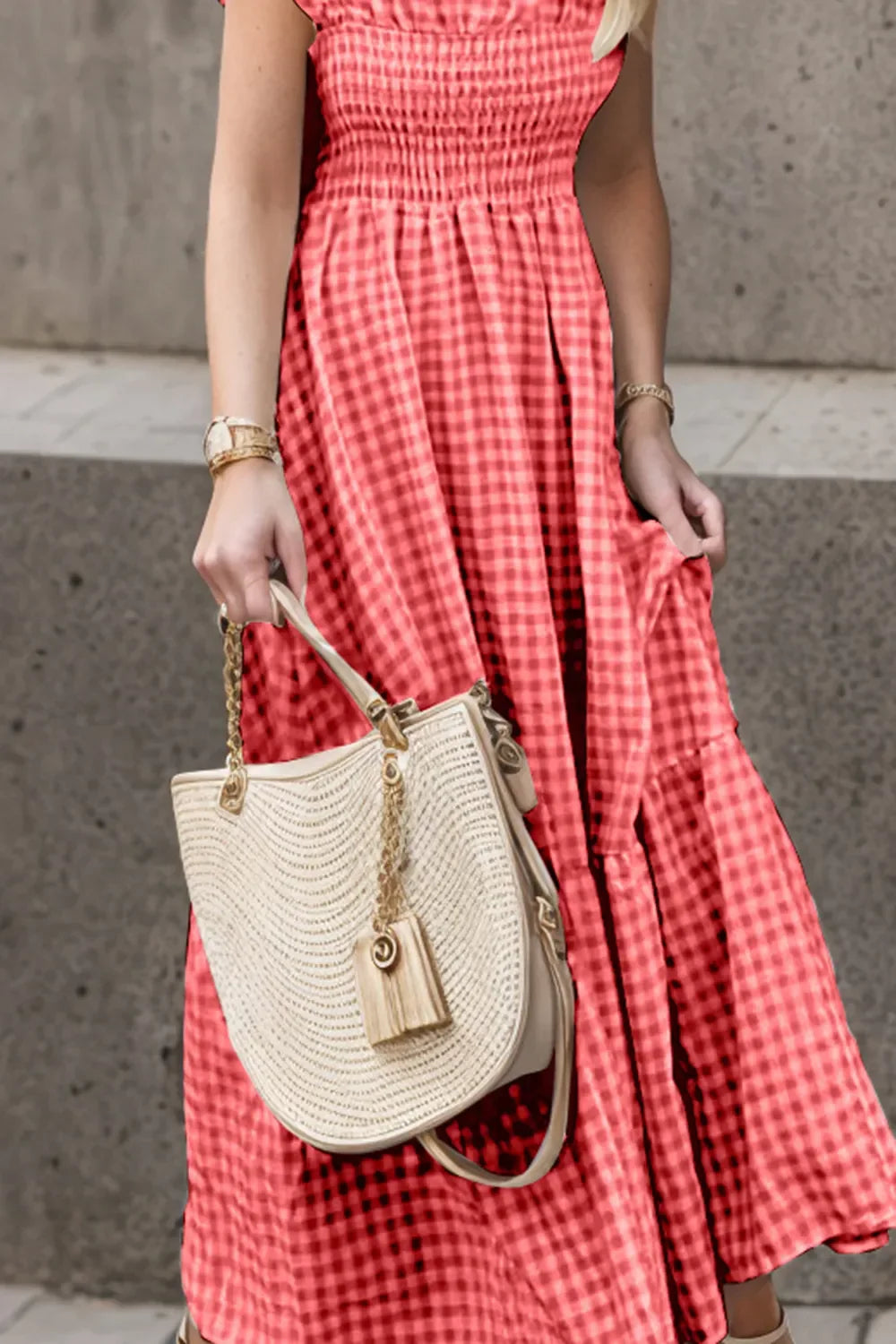 Smocked Ruffled Plaid Maxi Dress With Ruffle Hem - Southern Shores Clothing