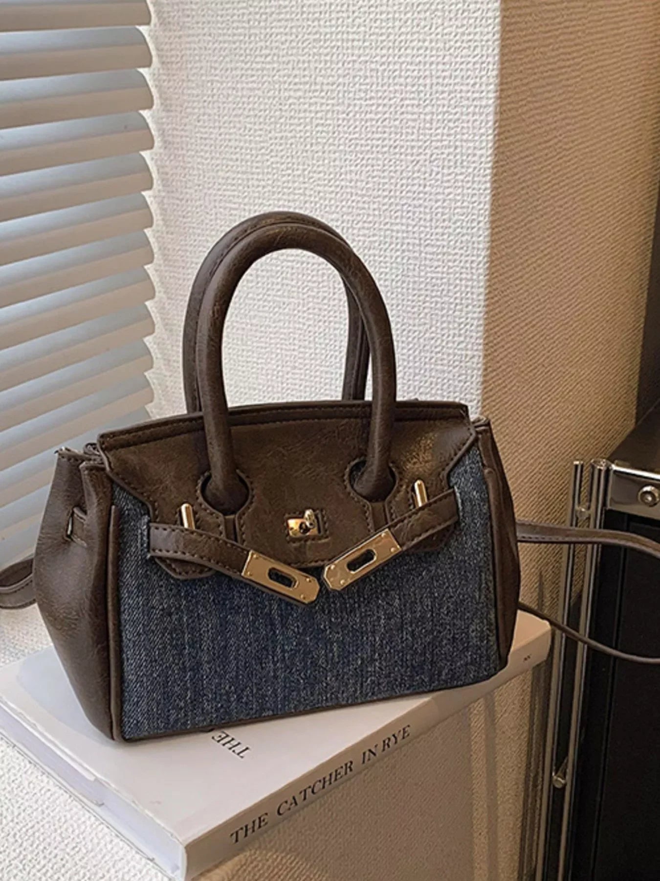 Top Handle Crossbody Bag Denim Accent Details - Southern Shores Clothing