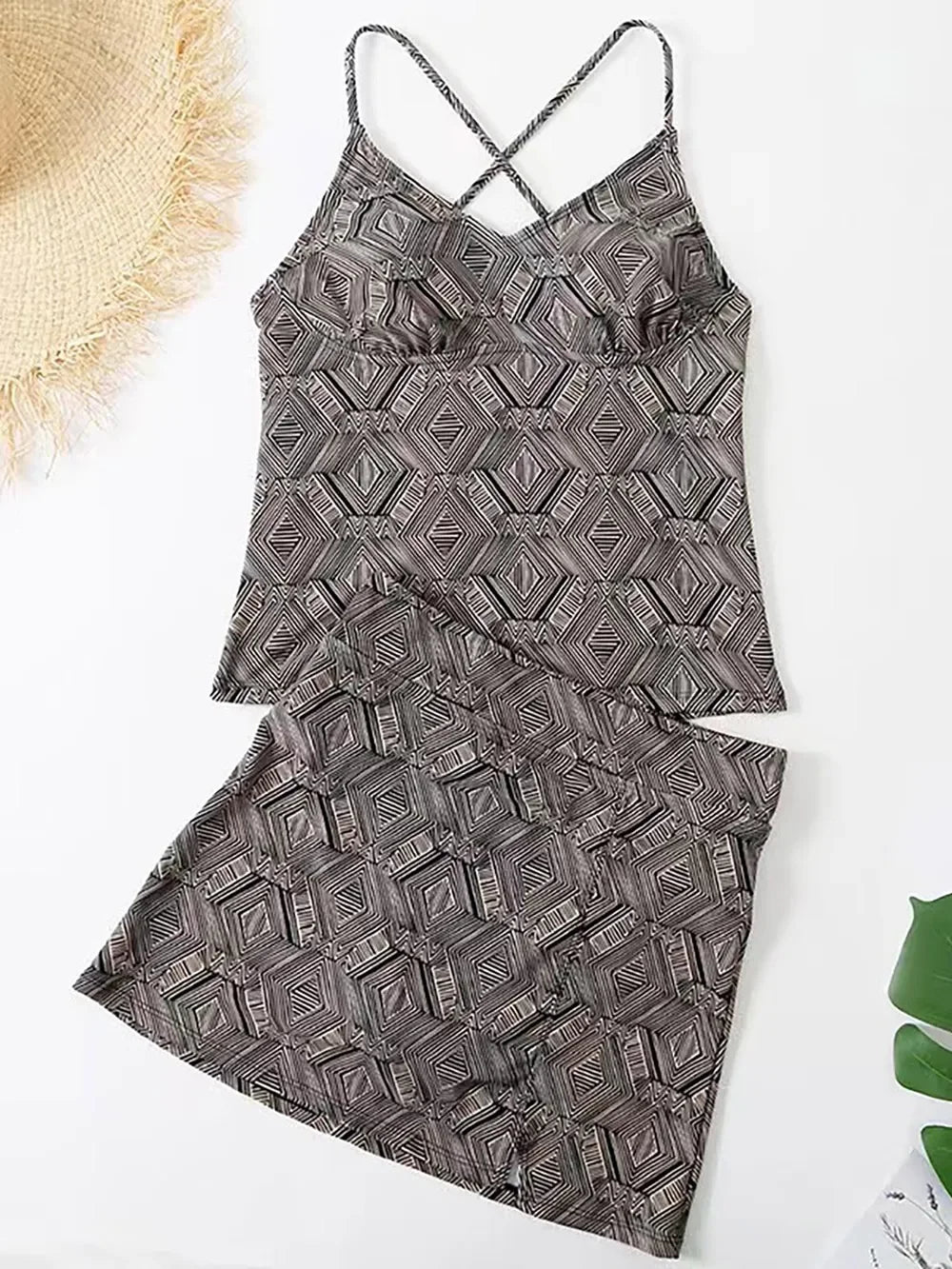 Two-Piece V-Neck Spaghetti Strap Top and Skirt Swim Set - Southern Shores Clothing