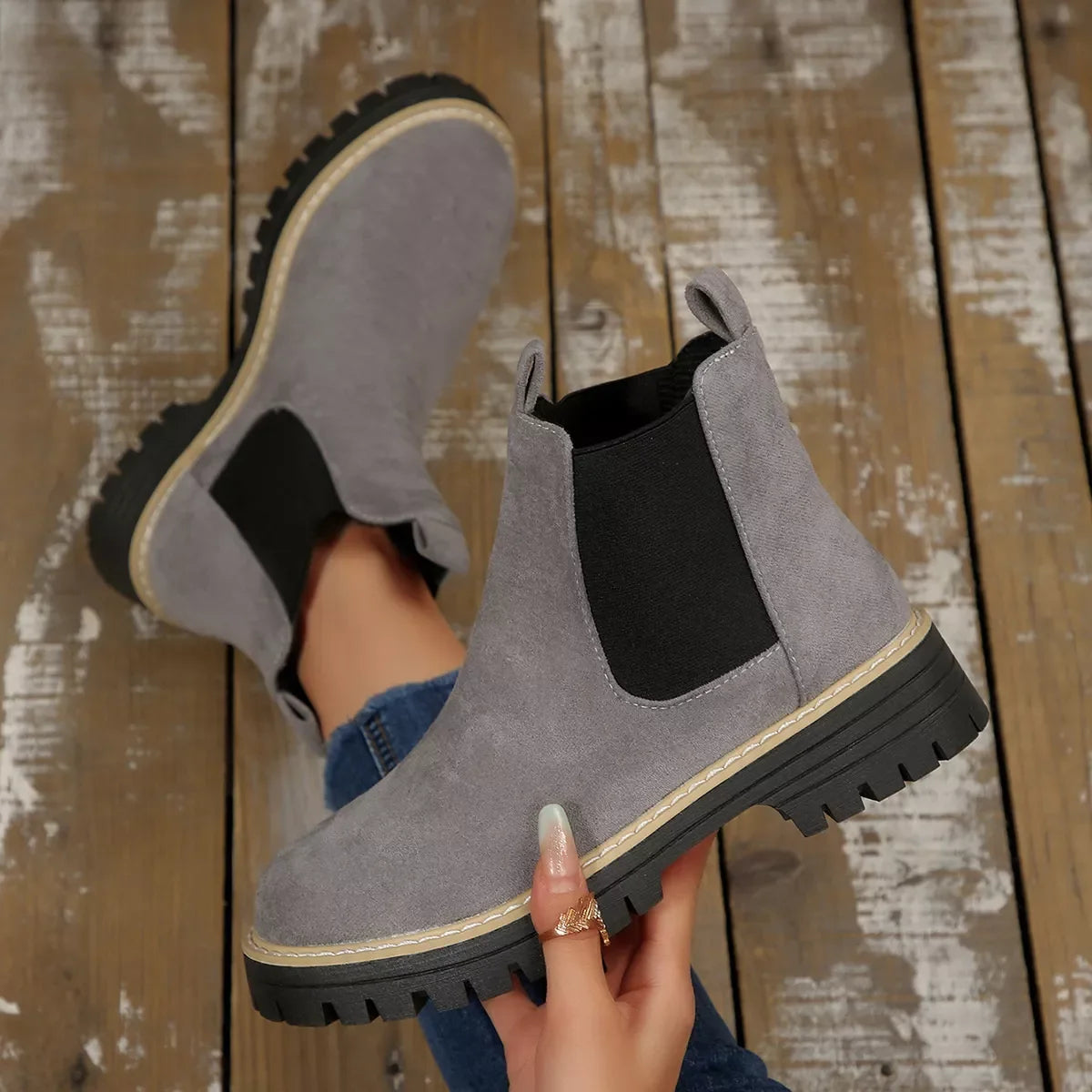 Round Toe Block Heel Boots Suede And Rubber - Southern Shores Clothing