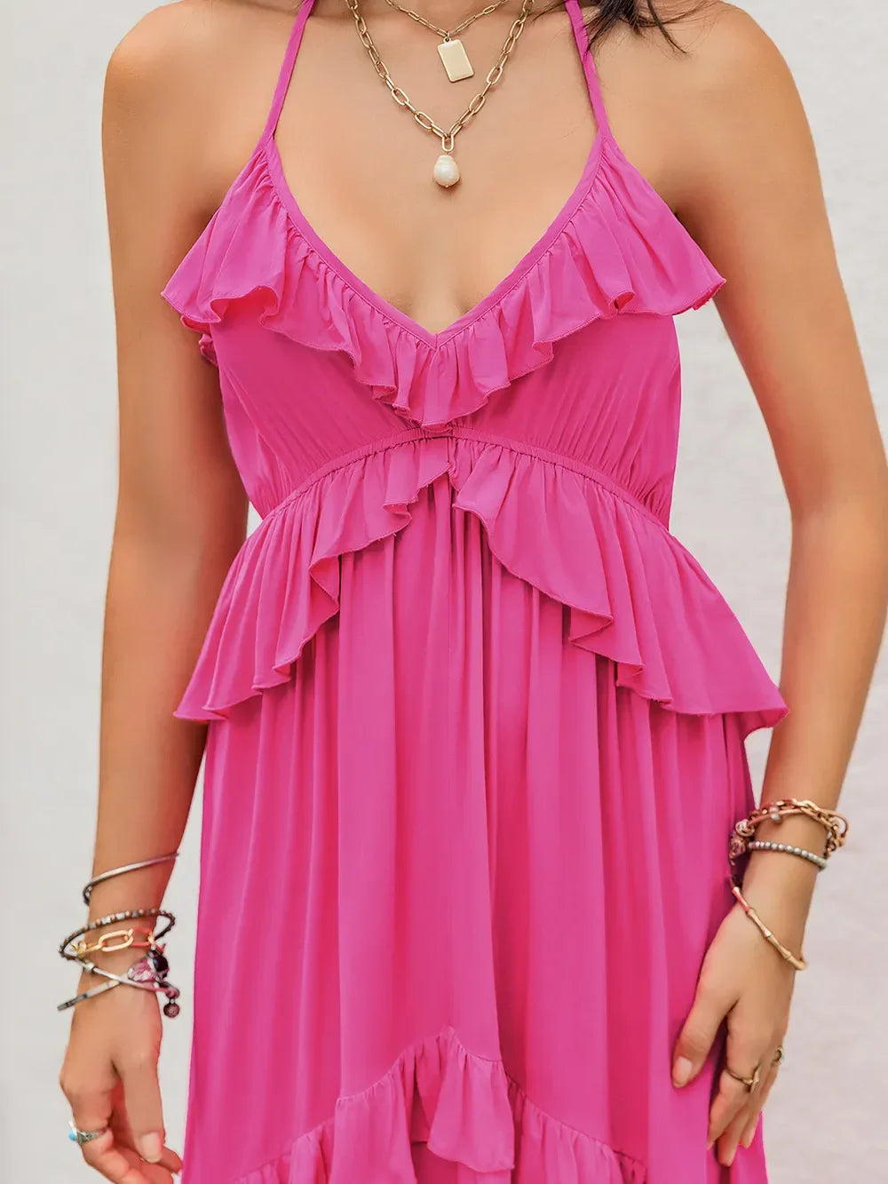Ruffled Halter Neck Maxi Dress With Tiered Layers Of Ruffles - Southern Shores Clothing