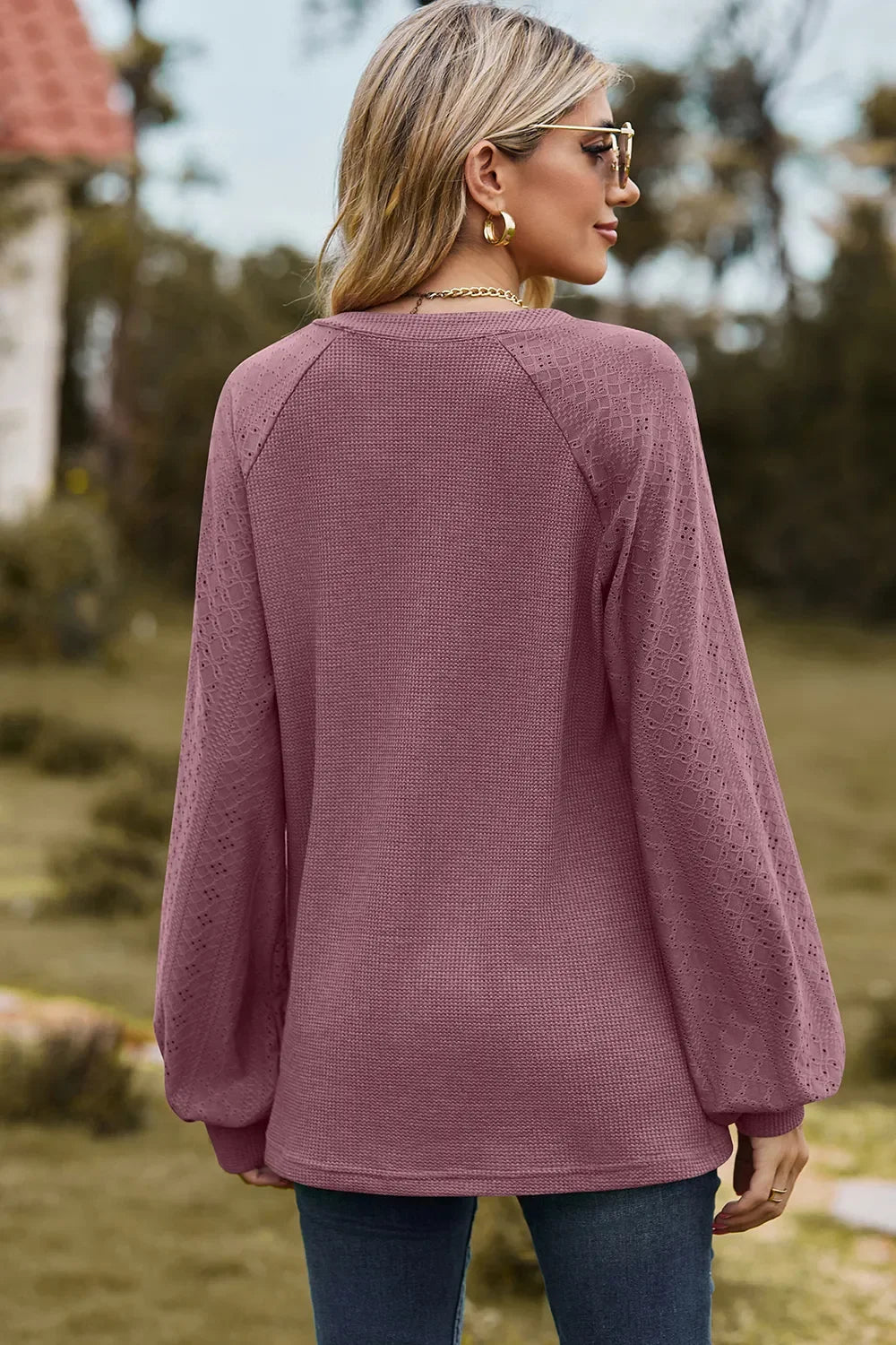 Eyelet Notched Raglan Sleeve T-Shirt - Southern Shores Clothing