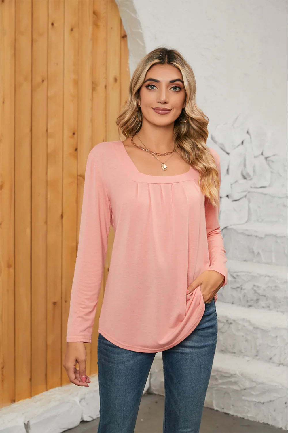 Square Neck Stretch Long Sleeve T Shirt Everyday - Southern Shores Clothing