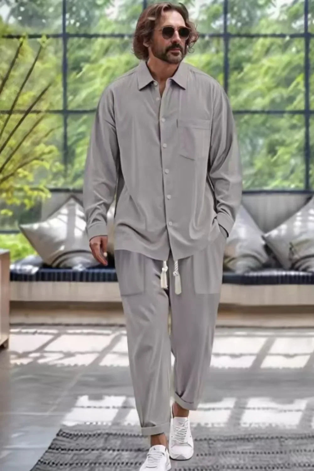 Men's Collared Neck Long Sleeve Top and Pants Set Plus Size - Southern Shores Clothing