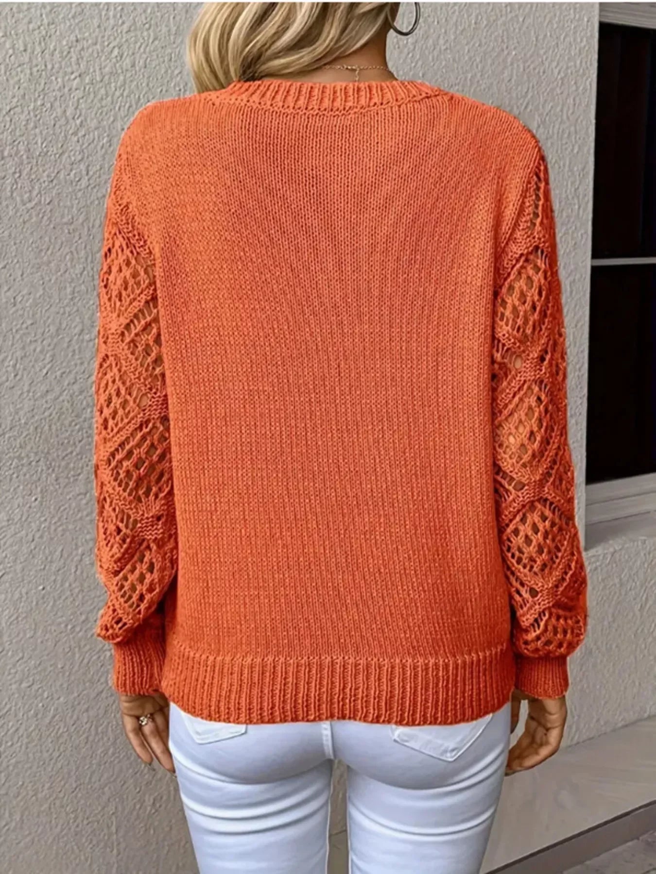Openwork Stretch V-Neck Long Sleeve Sweater - Southern Shores Clothing