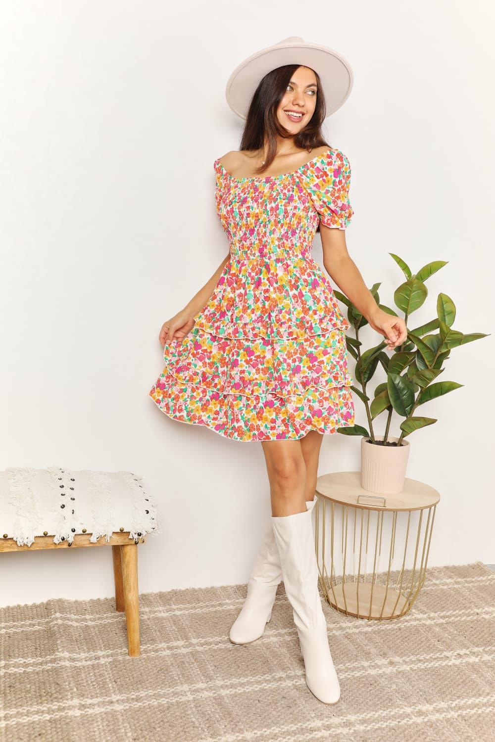 Smocked Bodice Sweetheart Neck Flounce Sleeve Mini Dress - Southern Shores Clothing