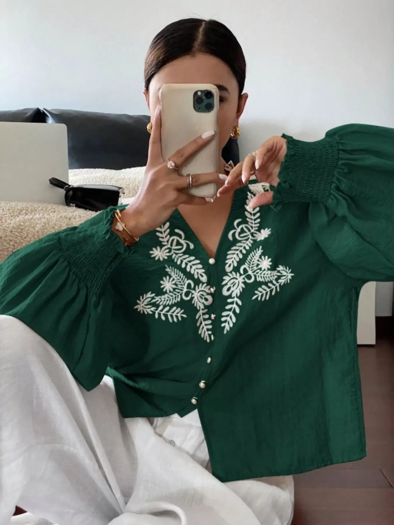 Southern Shores Elegant Embroidered Long Sleeve Buttoned Polyester Blouse With Je T'aime Design - Southern Shores Clothing