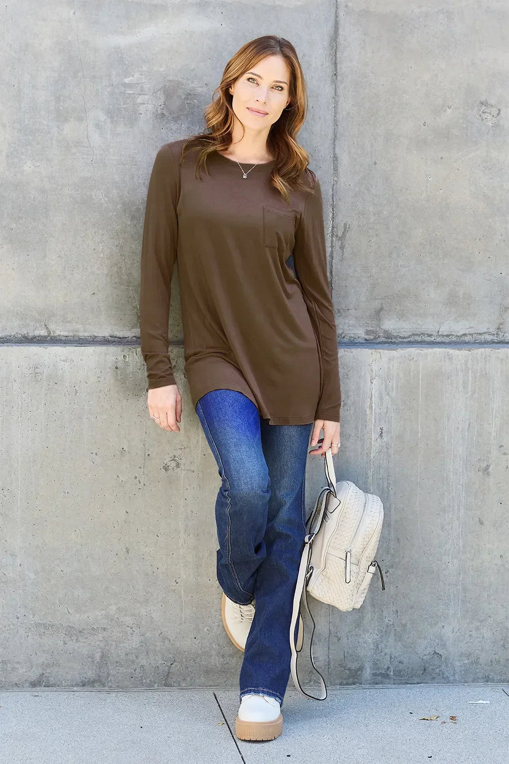 Round Neck Long Sleeve Top With Pockets Classic - Southern Shores Clothing