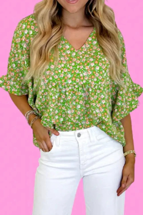 Ruffled Floral V-Neck Half Sleeve Blouse - Southern Shores Clothing