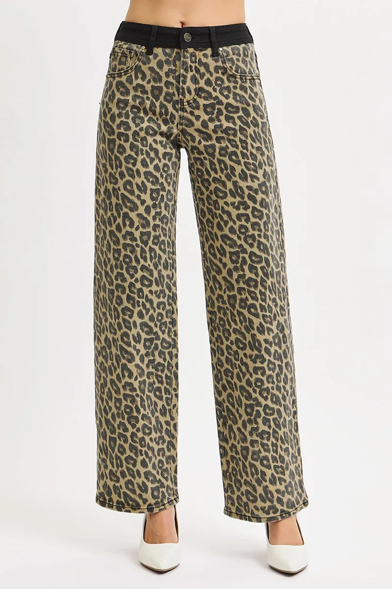 Coastal Inspired Risen High Rise Wide Leg Leopard Jeans