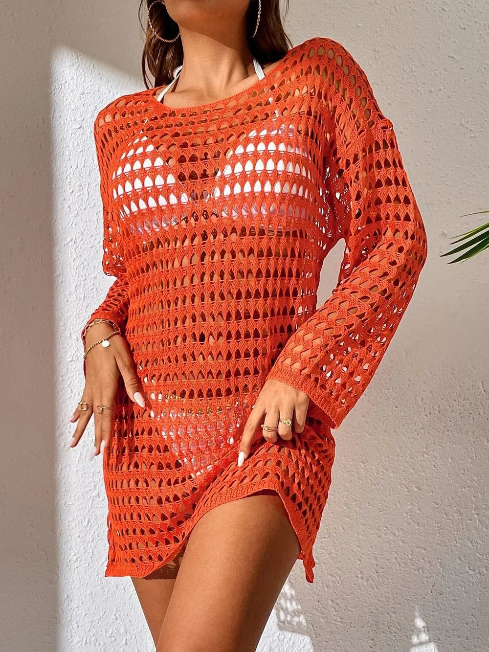 Openwork Long Sleeve Swimwear Cover Up One Size - Southern Shores Clothing