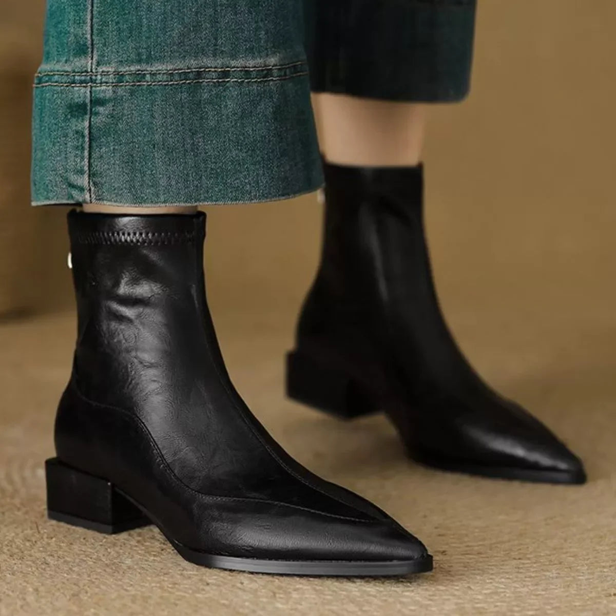 Point Toe Block Heel Synthetic Leather Ankle Boots