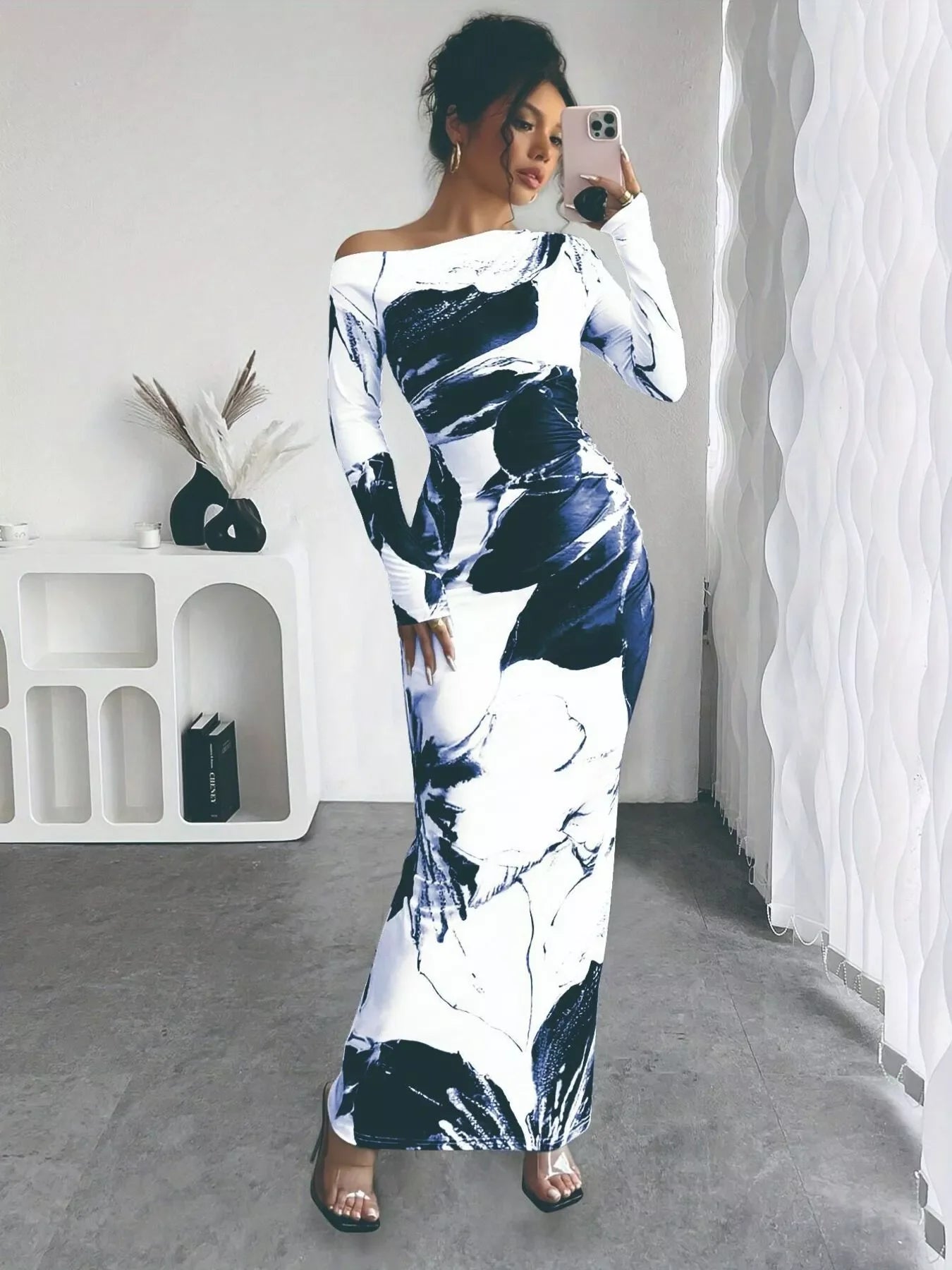 Floral One Shoulder Long Sleeve Maxi Dress - Southern Shores Clothing
