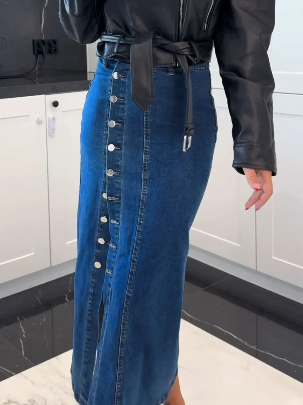 Midi Denim Skirt With Front Button Slit Style - Southern Shores Clothing