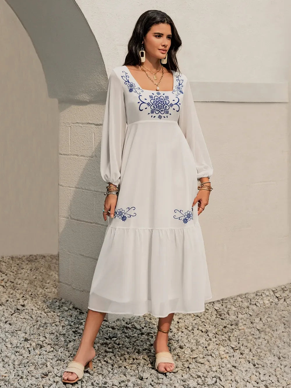 Printed Square Neck Balloon Sleeve Dress With Embroidered Detail - Southern Shores Clothing