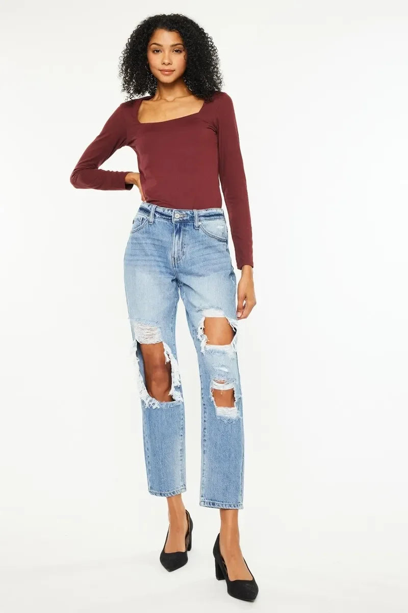 High Rise Distressed Boyfriend Jeans Stretch Denim - Southern Shores Clothing