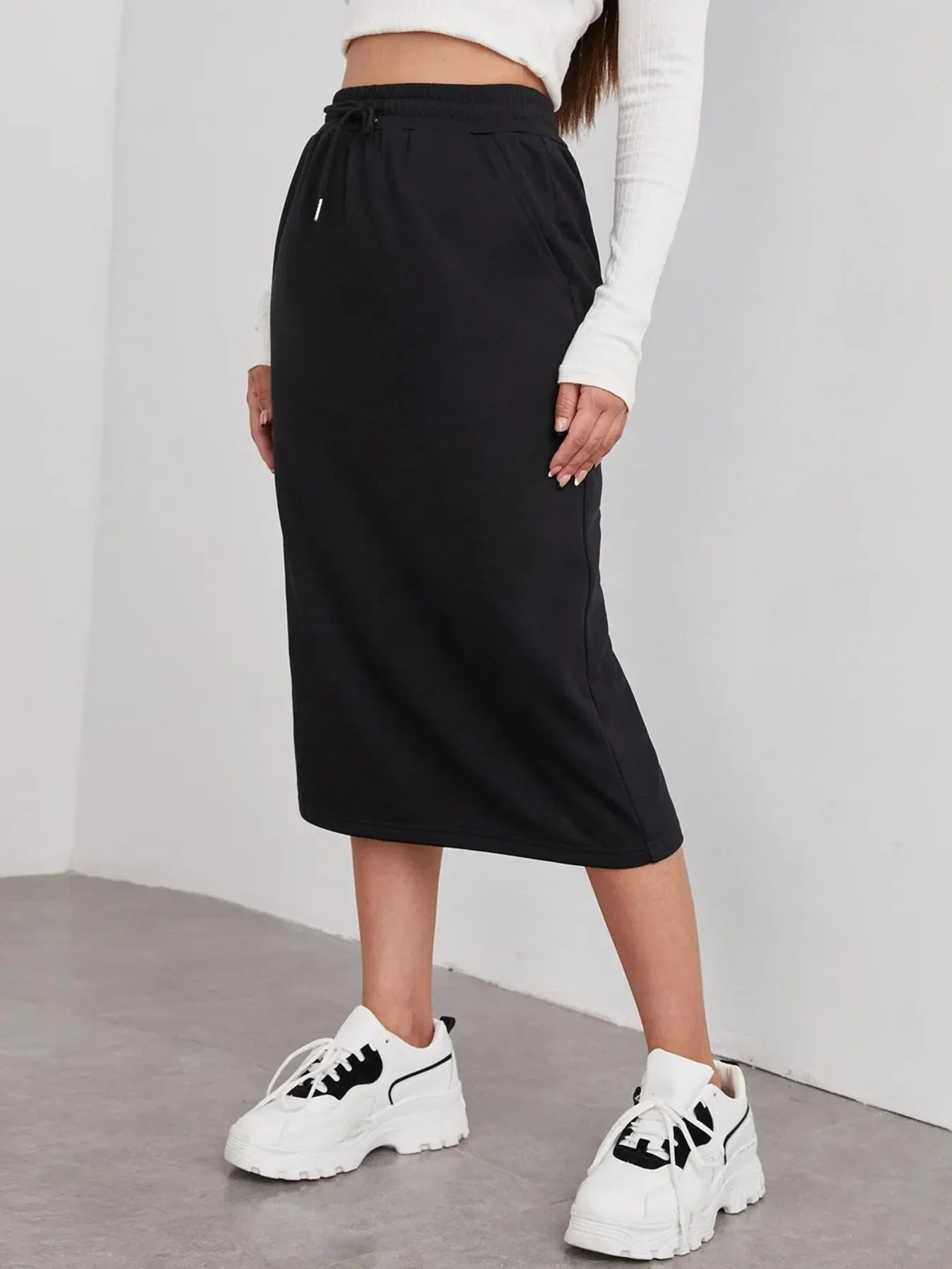 Adjustable Drawstring Slit Midi Skirt Casual - Southern Shores Clothing
