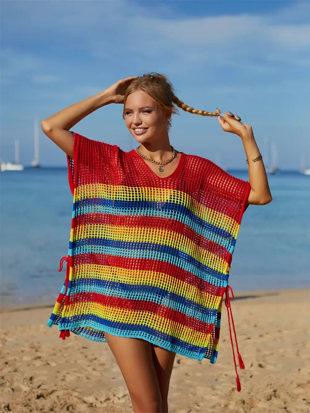 Angel Wings Striped Cutout Cover Up One Size Tassel - Southern Shores Clothing