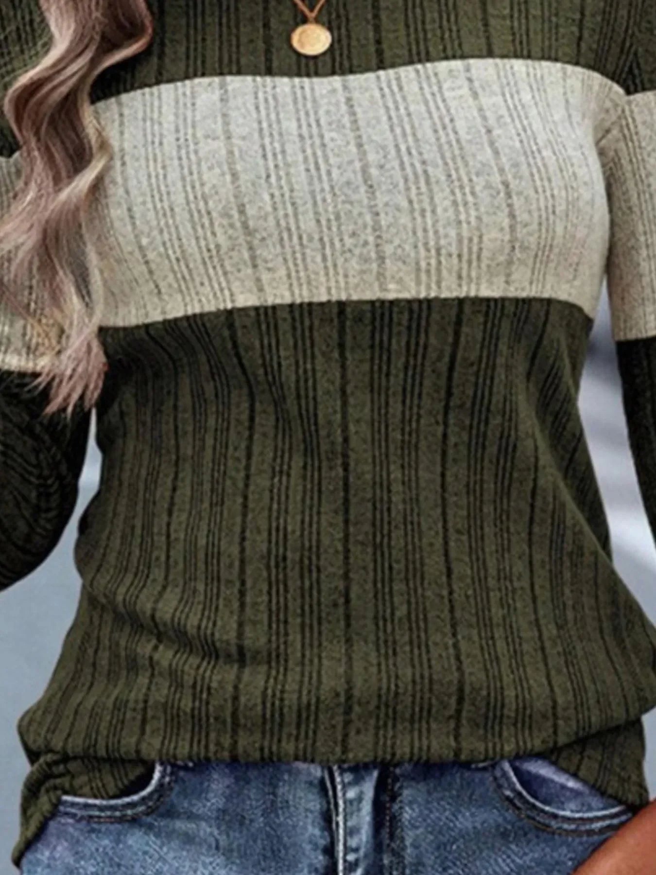 Block Pattern Round Neck Long Sleeve Sweater - Southern Shores Clothing