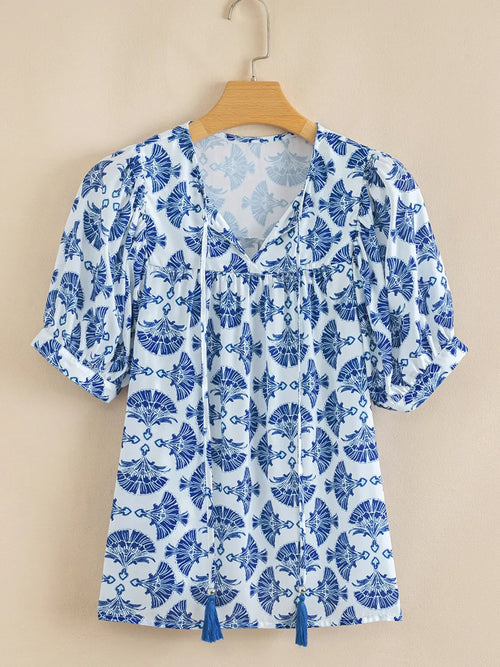 Printed Tassel Tie Neck Blouse For Warm Weather - Southern Shores Clothing