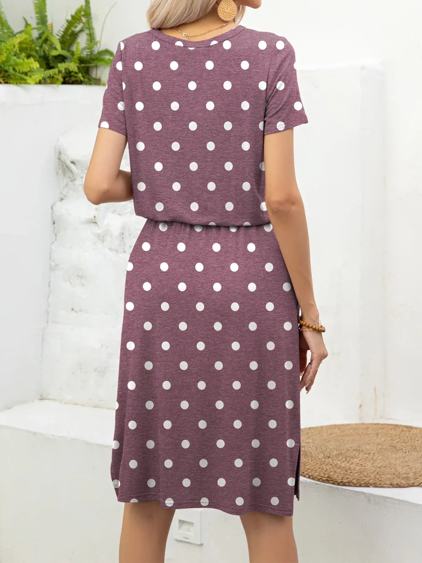 Round Neck Short Sleeve Slit Dress with Pockets - Southern Shores Clothing