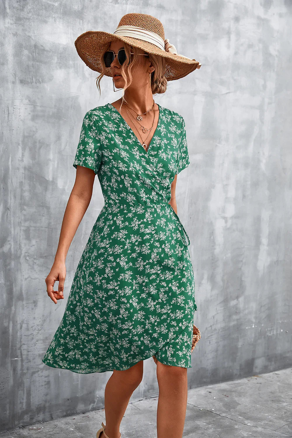 Floral Surplice Neck Flutter Sleeve Dress - Southern Shores Clothing