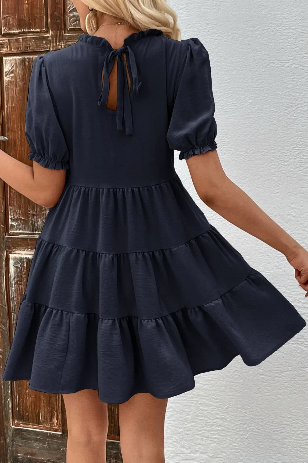 Perfee Puff Sleeve Tie Back Tiered Dress - Southern Shores Clothing