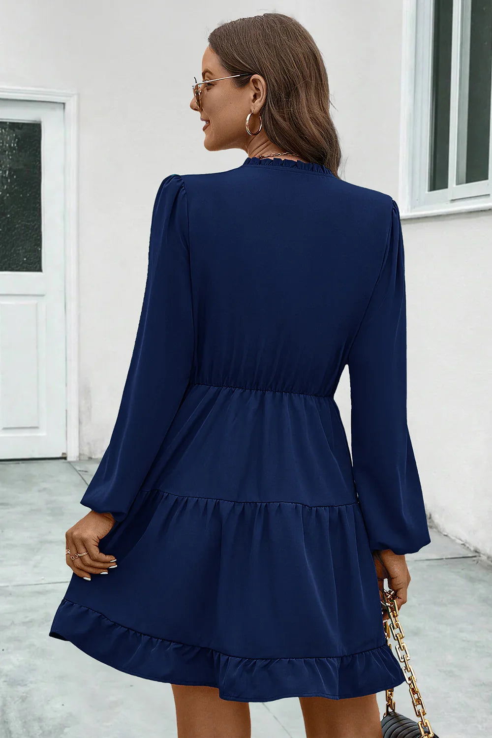 V-Neck Tie Neck Long Sleeve Dress - Southern Shores Clothing