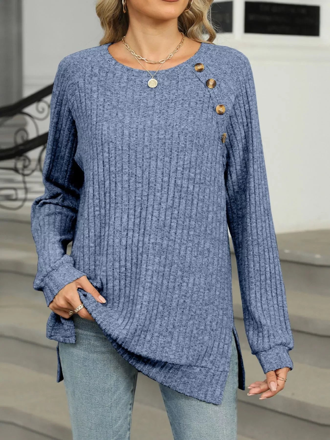 Round Neck Side Slit Ribbed Knit Top with Asymmetric Button Detail - Southern Shores Clothing