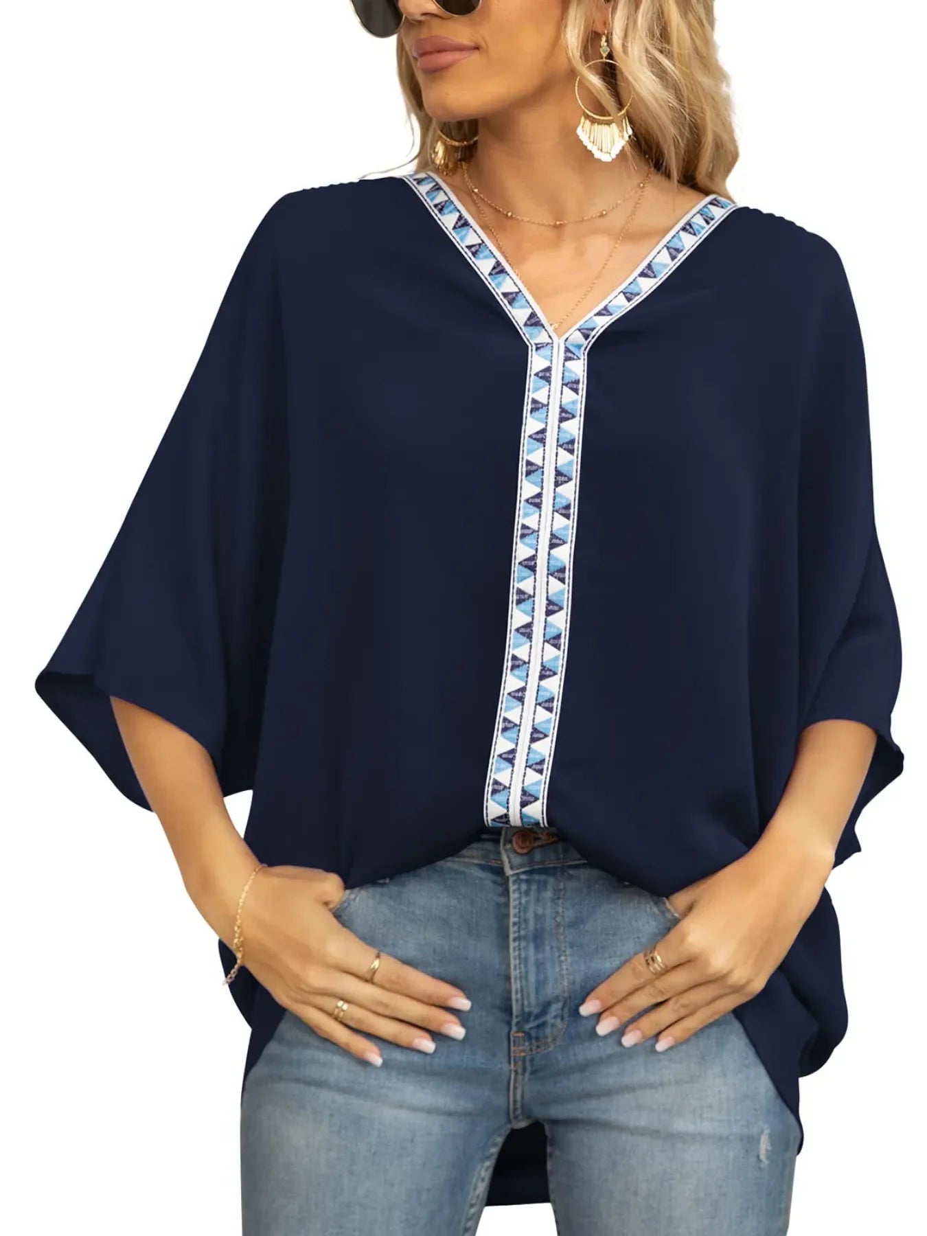 Printed Trim V-Neck Batwing Sleeve Blouse - Southern Shores Clothing