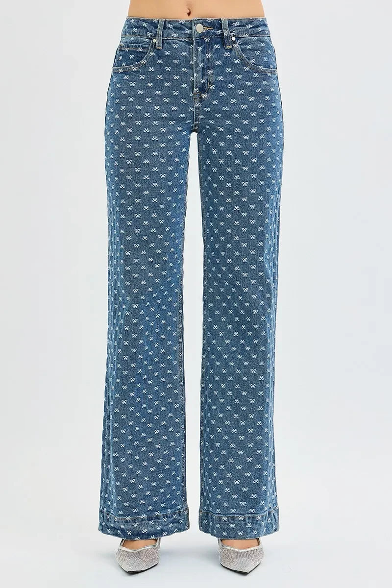High Rise Wide Leg Bow Embroidered Denim Jeans - Southern Shores Clothing